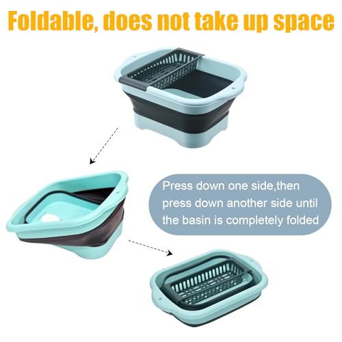 Collapsible Dish Basin with Portable Sink, 11L(2.91 Gallon) Collapsible Bucket with Drain Plug, Foldable Sink Tub Dishpan Wash Basin for Vegetable Washing Camping RV Kitchen (Blue) - color: Blue