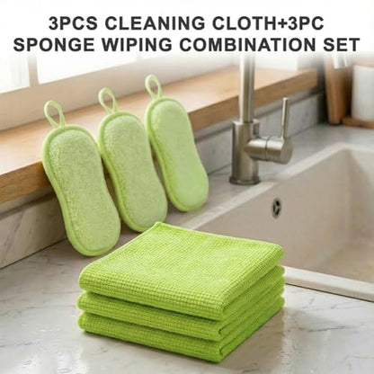 6Pcs Microfiber Cleaning Cloths & Sponges Set - 3Pcs Absorbent Towels + 3Pcs Dual-Sided Scrub Sponges - for Kitchen, Car, Bathroom, Dishes and Hard Surfaces(Green) - color: Green