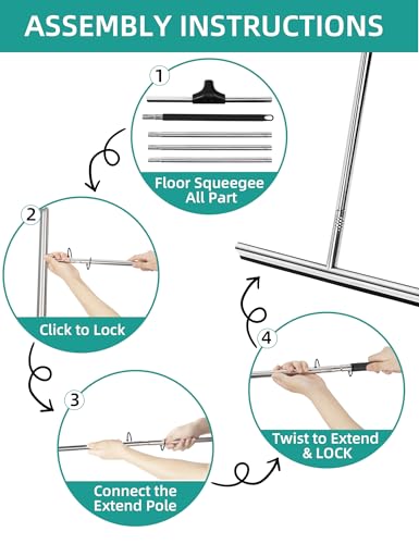 Floor Squeegee Scrubber 59inch Long Stainless Steel Handle with 15inch Wide Silicon Rubber Blade Squeegee Broom for Floor Washing and Drying Shower Glass, Garage, Window, Marble, Wood Surfaces