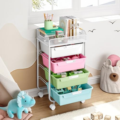 SYKIARIOL Rolling Cart with 4 Drawers,4 Tiers Rolling Utility Cart Craft Cart,Rolling Storage Drawer Cart with Mesh Top,Storage Cart with Drawers & 4 PCS DIY Lable, Classic Colorful