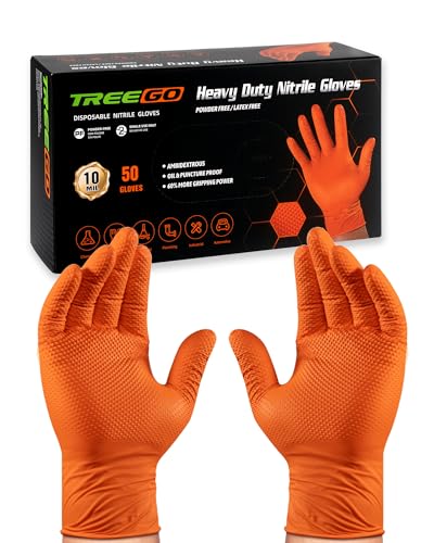 TREEGO 10 Mil Nitrile Gloves Disposable Orange Gloves - Heavy Duty Rubber Mechanic Gloves with Double Diamond Grip, Latex Free Industrial Work Gloves for Tools & Garage, 50 Count Medium - color: Orange 50, size: Medium
