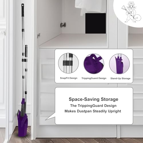 Tiumso Broom with Dustpan Combo Set, Broom and Dustpan Set with 51'' Long Handle, Dust Pan and Brooms, ZeroGap Lip, Self-Cleaning Dustpans Teeth for Lobby Kitchen Restaurant - Purple - color: Purple