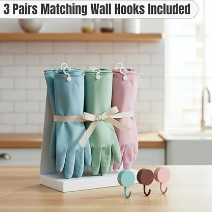 IMARU 3 Pairs Dishwashing Gloves with Hanging Hooks - Reusable Rubber Cleaning Gloves for Household & Kitchen & Gardening, Non-Slip & Waterproof & Durable (Large) - size: Large