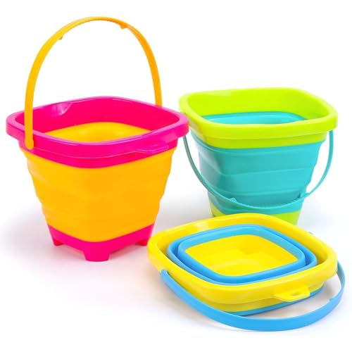 Shindel 3Packs Foldable Pail Bucket, 2L Silicone Collapsible Beach Toys Bucket for Kids, Multi Purpose for Fun Summer Activities, Camping Gear, Beach Essentials