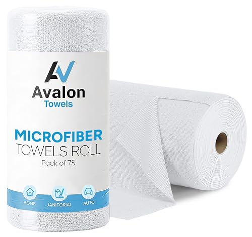 Avalon Towels Microfiber Cleaning Cloth Roll (Value Pack of 75) - Size 12x12 Inches, Highly Absorbent and Reusable Microfiber Towel Rolls, Lint and Streak Free Cleaning Cloths for Home - color: White