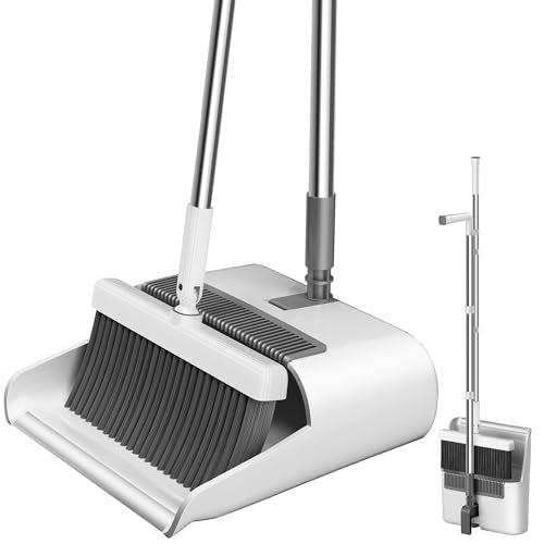 Household 53'' Broom and Dustpan Combo Set, Extra Long Handle Broom and ZeroGap Dustpan Sets with Teeth, Upright Storage Broom and Dustpan Sets for Home and Kitchen Off White