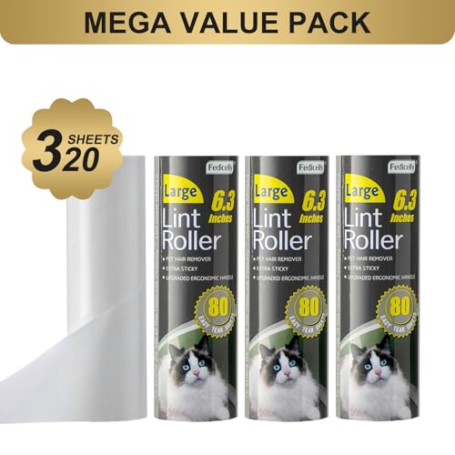 Fedicelly Large Lint Rollers Pet Hair Extra Sticky Refills,Mega Value Set 6.3 inches Wider with 320 Sheets for Cat and Dog Hair Removal,80 Sheets Per Roller - size: 4 Large Refills + 320 Sheets