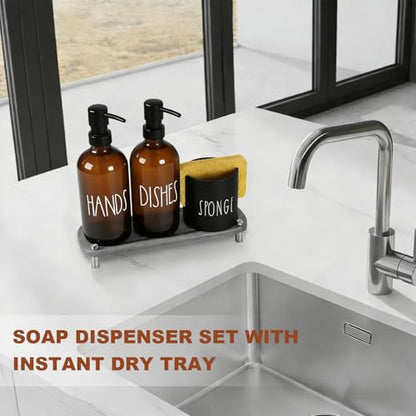 Hand and Dish Soap Dispenser Set, Kitchen Soap Dispenser Set with Sponge Holder, 16.9oz Amber Glass Dispenser, Waterproof Labels, Instant Dry Tray|Upgrade for Your Kitchen and Bathroom