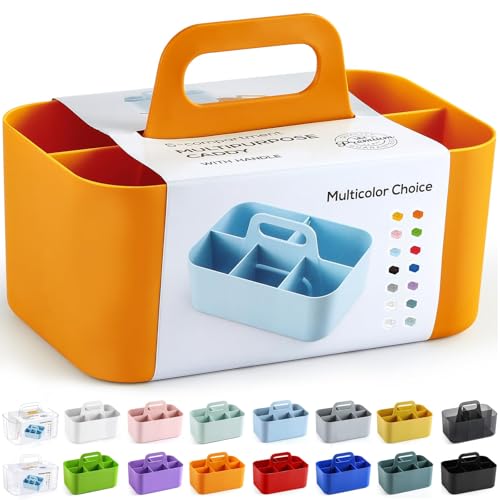 Multiuse Caddy Organizer with Handle, Portable Divided Plastic Tote Bin - Art Craft, Stationary Pen Marker Crayon, Makeup Hair Supplies Storage - Bathroom, Classroom, Dorm, Office, Desk Holder -Orange - color: Orange