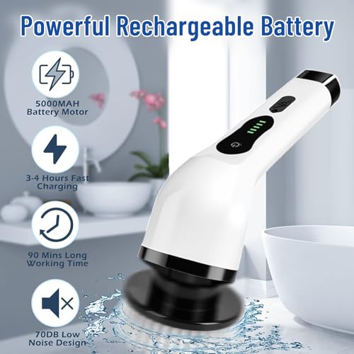 Electric Spin Scrubber, Cordless Cleaning Brush Scrubber with 12 Replaceable Brush Heads, 360 Power Scrubber Dual Speed with Adjustable & Detachable Handle for Bathroom Kitchen Car (White)