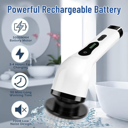 Electric Spin Scrubber, Cordless Cleaning Brush Scrubber with 12 Replaceable Brush Heads, 360 Power Scrubber Dual Speed with Adjustable & Detachable Handle for Bathroom Kitchen Car (White)