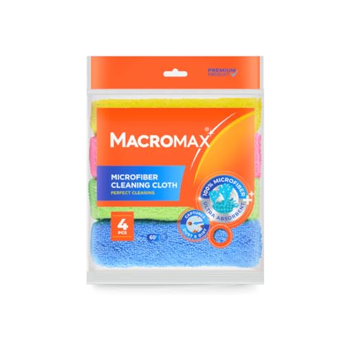 Macro Max Microfiber Cleaning Cloth – Pack of 4 – Ultra Absorbent Lint‑Free Reusable Towels for Kitchen, Glass, Counters, Furniture – Soft Non‑Scratch Microfiber - color: Microfiber, size: Package of 4
