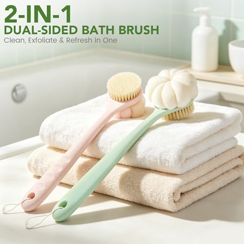 Back Scrubber for Shower, 15.7" Loofah with Handle, Back Shower Brush with Bristles and Loofah, Dry Brushing Body Brush for Cleanse Back and Hard to Reach Areas with Curved Long Handle, Pink - color: Pink