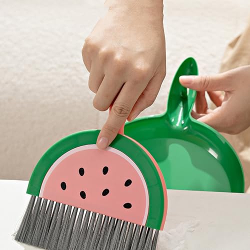 Mini Dustpan and Broom Set Compact Watermelon Lemon Small Hand Dustpan and Brush Kit Cute Fruit Shape Table Crumb Sweeper Cleaning Tools for Desk, Countertop, Sofa, Key Board Office, Kitchen (Green) - color: Green