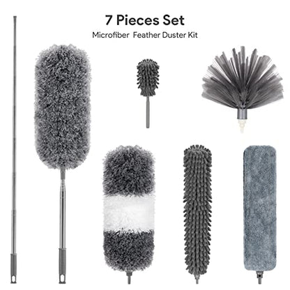 DELUX Microfiber Feather Duster,7 PCS Reusable Bendable Washable Cobweb Duster with 100 inches Extra Long Extension Pole for Cleaning Ceiling Fan, High Ceiling, Blinds, Furniture & Cars - color: 7pc-gray