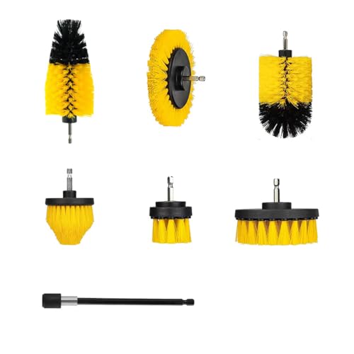 7-Piece Drill Brush Attachment Set, Multi-Purpose Power Scrubber Kit with Extension Rod – Nylon Bristle Brushes for Car, Bathroom, Tile, Grout Cleaning (Fits Most Handheld Drills)