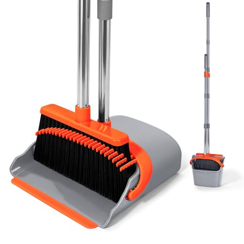 YZO Broom with Dustpan Combo Set, 56.1-Inch Long Handle Standing Design, Dustpan Front Rubber Tight Seal, Broom with 5-Layer Bristles, Suitable for Indoor Outdoor(Gray&Orange) - color: Gray&orange