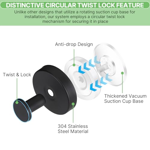 Black Waterproof Suction Cup Hooks, 4-Pack Heavy Duty Stainless Steel No Drill Shower Hooks for Hanging Towels, Robes, Loofahs, Holder Holds Strong on Tile, Glass, Mirror, Wall, Bathroom Door - color: black-4pcs