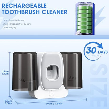 2 Cups Wall-Mounted Toothbrush Sterilizer Holder with Toothpaste Dispenser - 4 Slots,3 in 1 Toothbrush Cleaner, No Drilling, USB Charging, Ideal for Family Bathroom (Grey-Double Cup) - color: Grey-double Cup