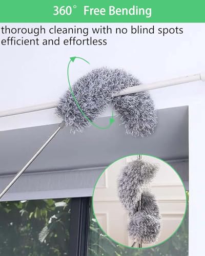 110" Extendable Feather Duster with Extension Pole, Ceiling Fan Cleaner Duster for High Ceiling, Bendable Microfiber Head, Long Handle Duster for Cleaning Fan, Furniture, and Cars (3 replaceable head)