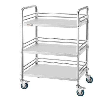 VEVOR Stainless Steel Rolling Cart, 3-Tier Metal Utility Cart with Lockable Wheels, Medical Serving Trolley Clinic Tray, Mobile Service Cart for Hospital, Lab, Restaurant, Kitchen, Salon - size: 3-Layer Shelf