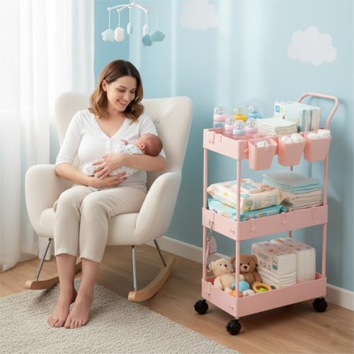 danpinera Slim Storage Cart, 3 Tier Narrow Rolling Cart on Wheels Bathroom Organizer with Dividers Handle Hanging Cups Hooks for Laundry Room Kitchen Small Spaces, Pink - style: 3 Tier Pink