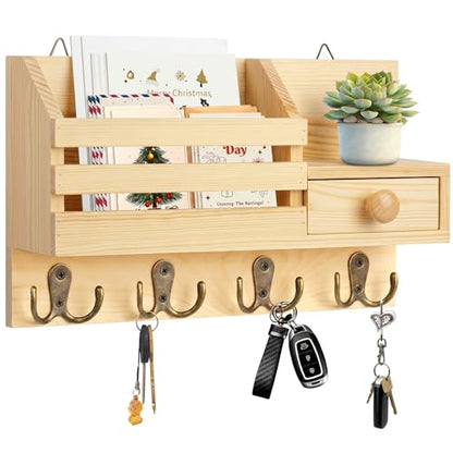 Key Holder Wall Mount, Wooden Adhesive Mail and Key Organizer with Drawer, Small Shelf, 8 Hooks, 2 Installation Methods, Natural - color: Natural