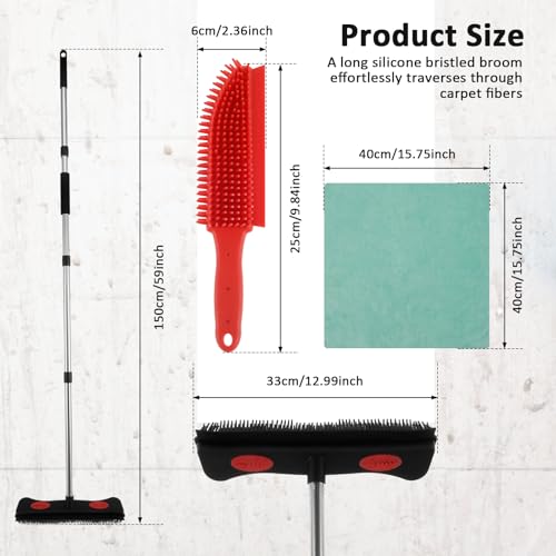 Rubber Broom with Squeegee Efficient Carpet Rake Broom with Adjustable Handle Practical Fur Remover Broom Reusable Detailing Lint Remover Brush Pet Hair Removal Broom for Pet Floor Carpet