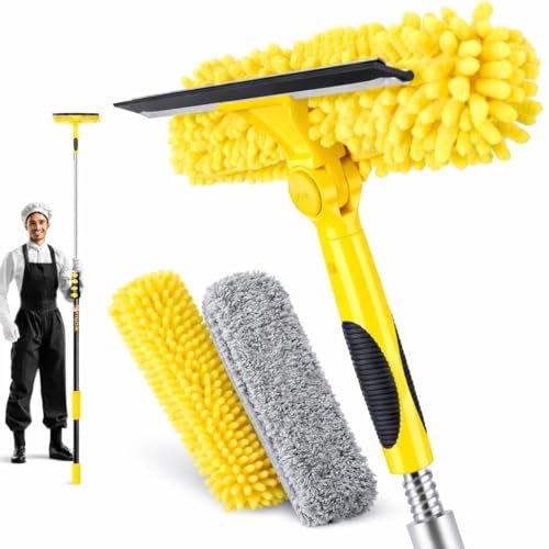 24ft Squeegee Window Cleaner with Extension Pole,2 in 1 Window Cleaning Tool with 5-Stage Telescopic Pole & Rotatable Head,Window Washing Equipment for Solar Panel, RV, Indoor/Outdoor Window,Car Glass - size: 18 feet