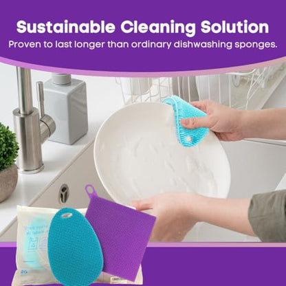 Silicone Dish Sponge Dish Scrubber (Oval and Square) - Dual-Sided, Food Grade Silicone Sponges for Dishes and Housecleaning 2-Pack - color: 2 Pack Teal + Purple