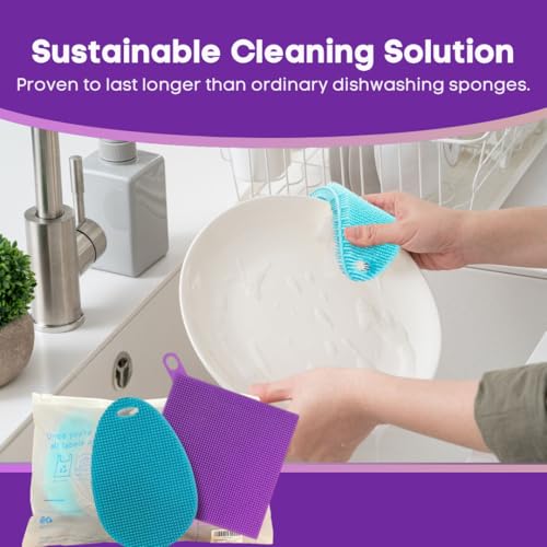 Silicone Dish Sponge Dish Scrubber (Oval and Square) - Dual-Sided, Food Grade Silicone Sponges for Dishes and Housecleaning 2-Pack - color: 2 Pack Teal + Purple