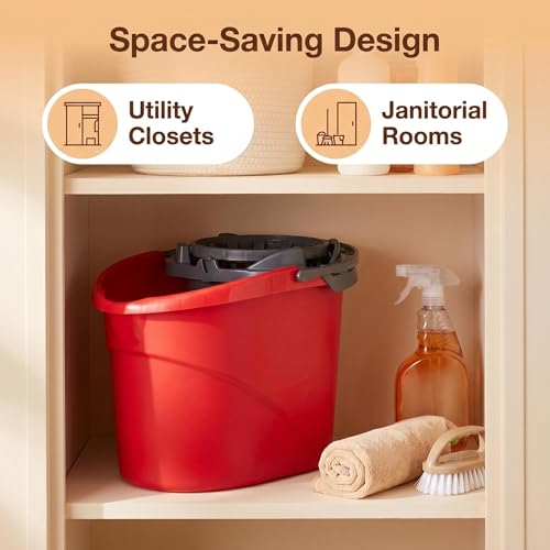 2.5 Gallon Mop Bucket with Built-in Wringer, Hands-Free Mop Bucket for Floor Cleaning, Compact Cleaning Bucket with Pour Spout and Comfort Grip Handle, Heavy-Duty Mop Wringer Bucket, Red