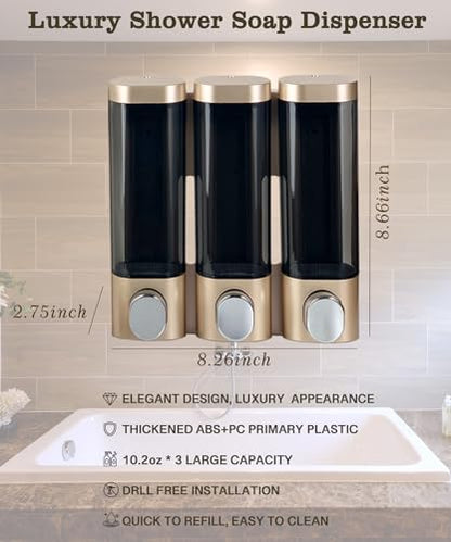 RANKADO Luxury Shower Soap Dispenser Bathroom with Tray,Drill Free Shampoo and Conditioner Dispenser with Mounting Tapes,Shower Soap Dispenser with Labels,Shampoo Dispenser for Shower Wall (Gold) - color: 300ml X 3（gold）