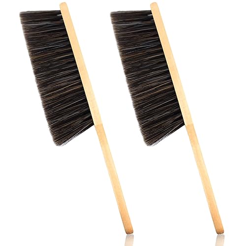 2 Pieces Dust Brush Hand Broom Wooden Bench Brushes with Soft Bristles Counter Brush with Long Wood Handle Household Cleaning Brush for Sofa Bed Fireplace Car
