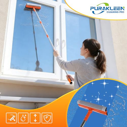 Window Squeegee with 62" Adjustable Stainless Steel Pole —2-in-1 Sponge Scrubber &Streak-Free Blade, No Ladder for 1-Story &Skylights,Car &RV Windshields,Shower Doors,Tile Orange