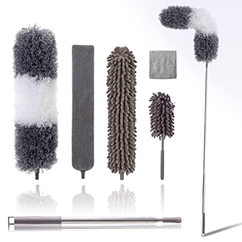 Microfiber Duster Kit for High Ceiling (6pcs), Extendable Dusters for Cleaning with 100" Extension Pole, Long Feather Duster for Fan/Car, House Cleaning Tool Kit by OOSOFITT - color: Grey & White