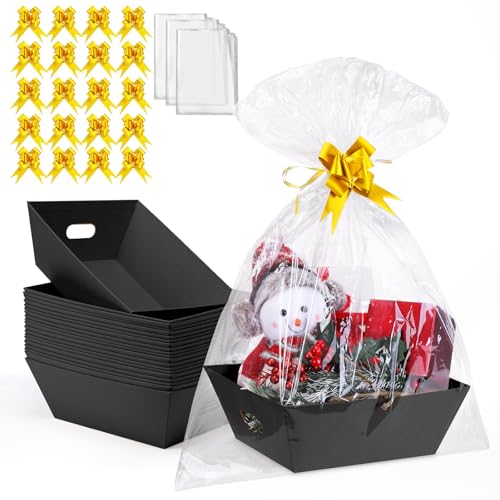 AFOROEOA 20PACK Baskets for Gifts Empty, 10x12”Thick Black Gift Basket with 20 Bows 20 Bags Empty Gift Baskets for Christmas, Valentine’s Day, Easter, Birthdays, Snacks, Farmers Market - color: 20PACK Black