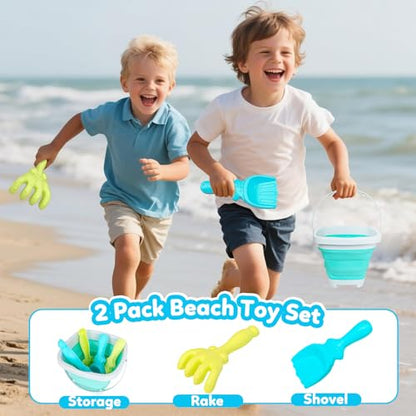 GKDOMS Kids Beach Toys Set with Collapsible Bucket, Sand Rake and Shovel, Turquoise and Orange, Ages 2-6, 2pack Travel Toys (Two Mix) - color: Two Mix