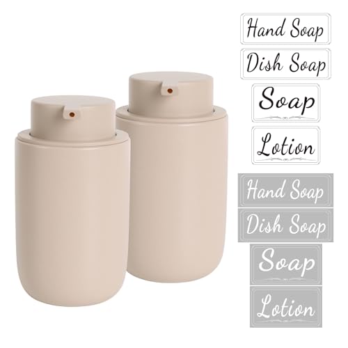 BosilunLife Khaki Soap Dispenser Set - 2 Pack 12oz Ceramic Dish Soap Dispenser with Rust Proof Pump for Kitchen, Hand Soap and Lotion Set Suitable for Farmhouse Bathroom Decor with Waterproof Labels - color: Khaki-liquid Pump