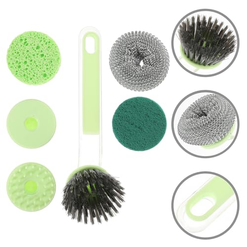 Beaupretty Kitchen Scrub Brush and Pot Brush Set with Long Handle, Detachable Steel Wire Scrubber Ball, Multi-Functional Dish Cleaning Tool for Household Sink and Cookware, Green