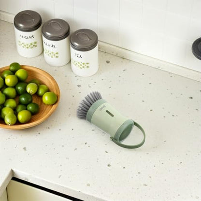 NUOBESTY Soap Dispensing Kitchen Scrub Brush with Handle for Pots and Pans, Palm Dish Scrubber Brush with Built-in Soap Dispenser, Green Dishwashing Tool for Sink Cleaning