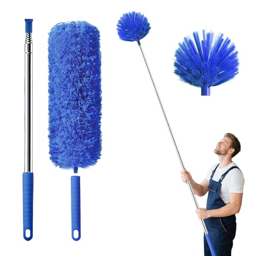 Cobweb Duster with Extension Pole, Washable Cleaning Duster Set with 2 Duster Heads, Spider Web Brush with Pole,high Ceiling Duster with Extension Pole,Cleaning Supplies,Ceiling Fan Cleaner