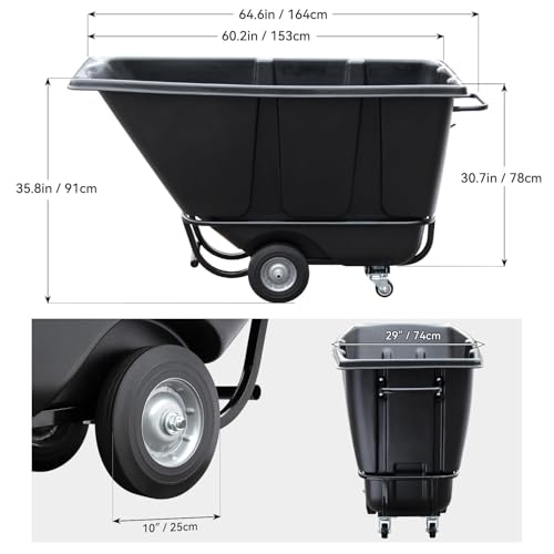 Tilt Dump Truck 850 lbs Capacity, 1/2 Cu.Yd Heavy Duty Trash Cart with Wheels, Forklift-Able Frame, Plastic Utility Dump Cart for Construction, Warehouse & Industrial Use (4-Pack) - size: 4PC
