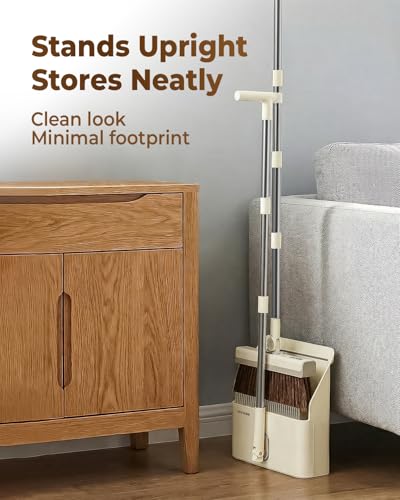INDCAN Broom and Dustpan Set for Home, 54 Inch Long Handle Upright Broom, Rotatable Broom Head with Magnetic Mount & Self-Cleaning Teeth Comb, Indoor Floor Sweeping Set (Santra Pro) - Ivory