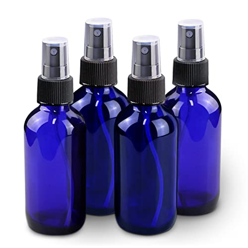 Wedama 4 oz Mini Glass Spray Bottles, Empty Small Spray Bottles with Funnel Dropper, Fine Mist for Hair, Travel, Plants, Cleaning Solutions and Skin Care (4 Pack Blue) - color: Blue, size: 4 Ounce (Pack of 4)