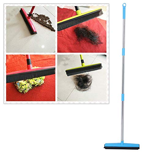 Telescopic Rubber Broom with Squeegee, Multifunction Adjustable Pet Hair Removal Carpet Rake for Fluff Rug Hardwood Floor (Blue) - color: Blue