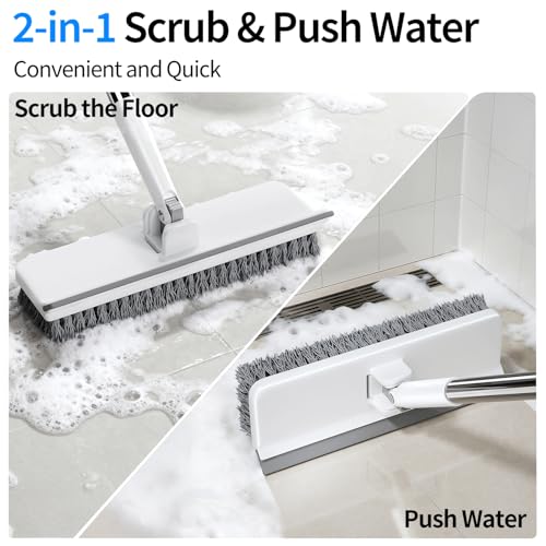 Floor Scrub Brush with 55" Long Handle, 2-in-1 Floor Brush with Built-in Squeegee, Adjustable Angle Head and Stiff Bristles for Tile, Wood, Concrete & Textured Floor Cleaning
