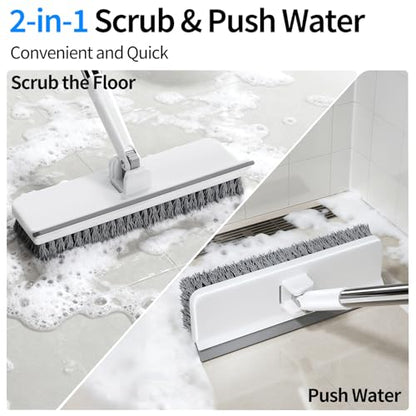 Floor Scrub Brush with 55" Long Handle, 2-in-1 Floor Brush with Built-in Squeegee, Adjustable Angle Head and Stiff Bristles for Tile, Wood, Concrete & Textured Floor Cleaning