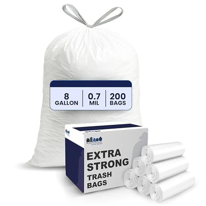 Plasticplace 8 Gallon Trash Bags -White Drawstring Garbage Can Liners - 200 Count - Leak-Resistant and Tear-Proof for Kitchen, Bathroom, Office, and Small Trash Cans 0.7 Mil - size: 200 Count (Pack of 1)