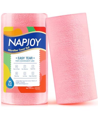 Napjoy Microfiber Cleaning Cloth Roll, 75PK Easy Tear Away Reusable Paper Towels, 12" x 12", Lint-Free and Scratch-Free with Patented Fiber Technology Microfiber Towel Roll, Pink - color: Pink